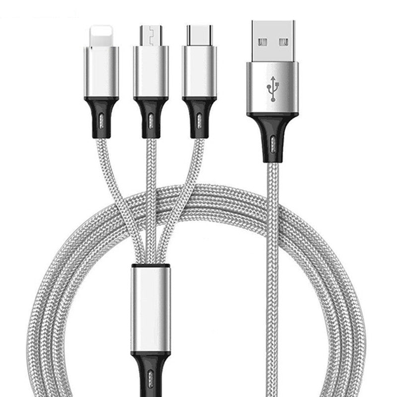 3 In 1 Micro USB Silver Fast Charging Cables For IPhone, Android and TypeC Mobile Phone Cables